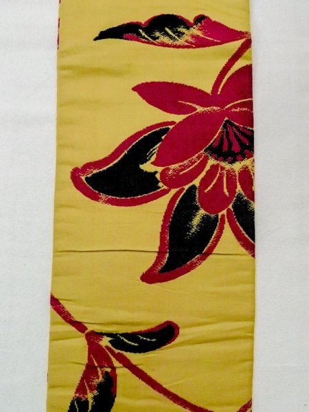 Photo4: N0217B Vintage Japanese Kimono  Grayish Yellow NAGOYA OBI sash Flower Silk. (Grade C) (4)