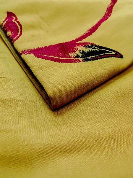 Photo5: N0217B Vintage Japanese Kimono  Grayish Yellow NAGOYA OBI sash Flower Silk. (Grade C) (5)