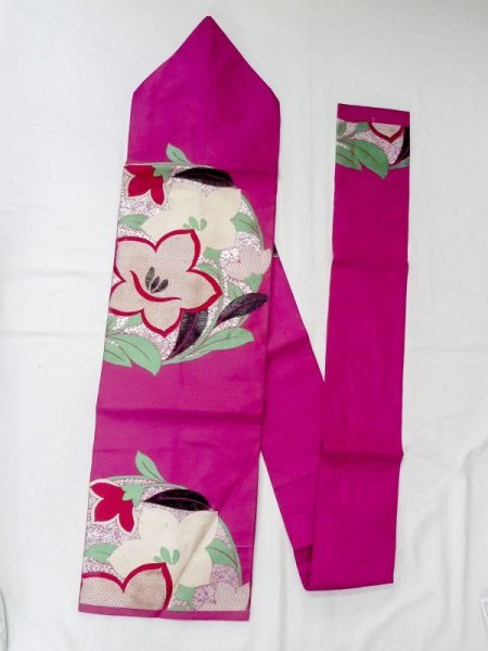 Photo1: N0217C Vintage Japanese Kimono  Vivid Pink NAGOYA OBI sash KIKYO Japanese balloonflower Silk. (Grade D) (1)
