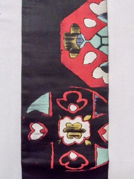 Photo4: N0217D Vintage Japanese Kimono   Black NAGOYA OBI sash Arabesque vine Silk. (Grade D) (4)