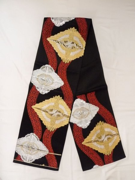 Photo1: N0227A Vintage Japanese Kimono   Black FUKURO OBI sash Arabesque vine Silk. (Grade B) (1)