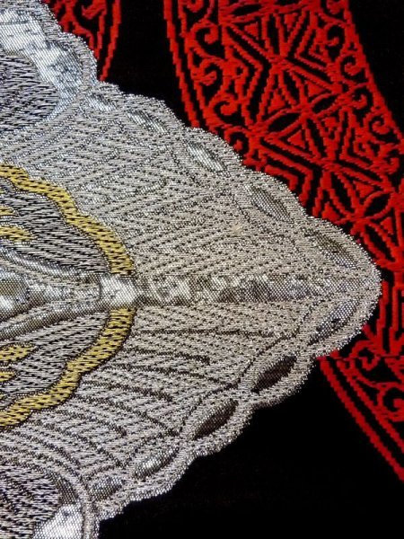 Photo7: N0227A Vintage Japanese Kimono   Black FUKURO OBI sash Arabesque vine Silk. (Grade B) (7)