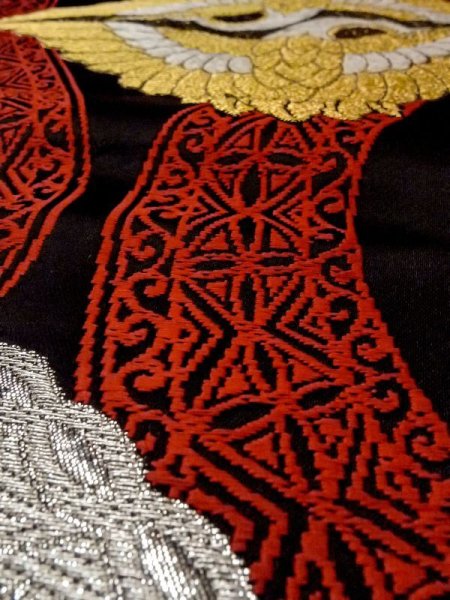 Photo14: N0227A Vintage Japanese Kimono   Black FUKURO OBI sash Arabesque vine Silk. (Grade B) (14)