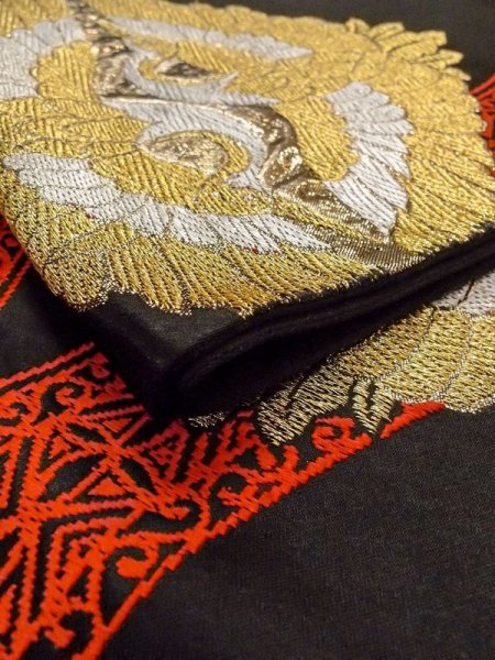 Photo16: N0227A Vintage Japanese Kimono   Black FUKURO OBI sash Arabesque vine Silk. (Grade B) (16)