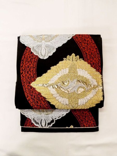 Photo17: N0227A Vintage Japanese Kimono   Black FUKURO OBI sash Arabesque vine Silk. (Grade B) (17)