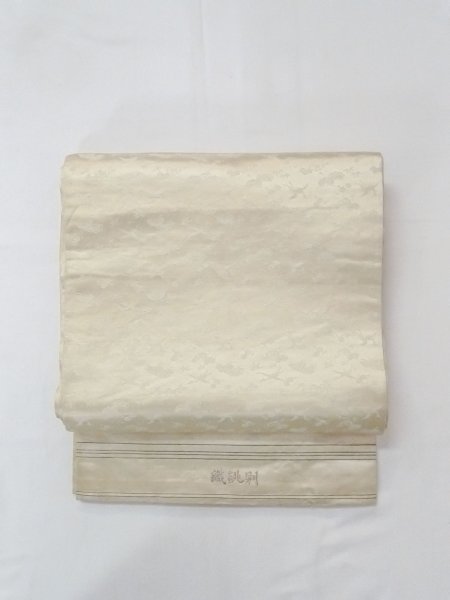 Photo10: N0227B Vintage Japanese Kimono  Shiny Off White FUKURO OBI sash UME plum bloom Silk. (Grade D) (10)