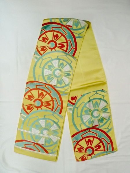 Photo1: N0227C Vintage Japanese Kimono  Shiny Yellowish Green FUKURO OBI sash Wheel Silk. (Grade C) (1)