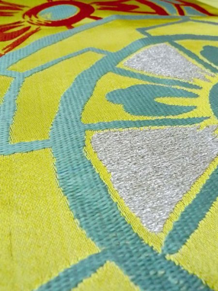 Photo10: N0227C Vintage Japanese Kimono  Shiny Yellowish Green FUKURO OBI sash Wheel Silk. (Grade C) (10)