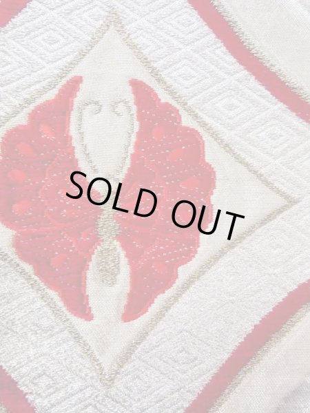 Photo4: N0227D Vintage Japanese Kimono  Shiny Silver FUKURO OBI sash Peony Silk. (Grade A) (4)