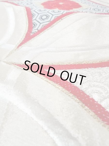 Photo9: N0227D Vintage Japanese Kimono  Shiny Silver FUKURO OBI sash Peony Silk. (Grade A) (9)