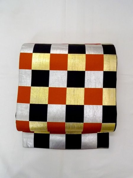 Photo13: N0227E Vintage Japanese Kimono   Multi Color FUKURO OBI sash Plaid Checks Silk. (Grade C) (13)