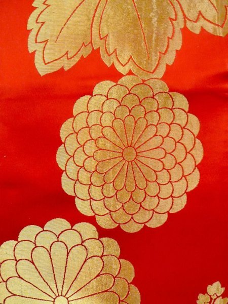 Photo3: N0227F Vintage Japanese Kimono  Shiny Red FUKURO OBI sash Chrysanthemum Silk. (Grade C) (3)