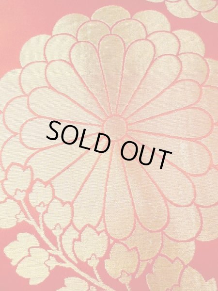 Photo4: N0227F Vintage Japanese Kimono  Shiny Red FUKURO OBI sash Chrysanthemum Silk. (Grade C) (4)