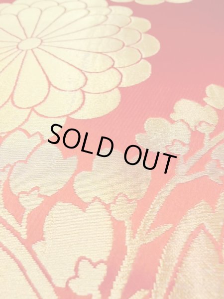 Photo8: N0227F Vintage Japanese Kimono  Shiny Red FUKURO OBI sash Chrysanthemum Silk. (Grade C) (8)