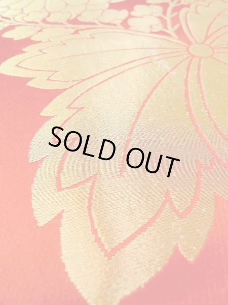 Photo9: N0227F Vintage Japanese Kimono  Shiny Red FUKURO OBI sash Chrysanthemum Silk. (Grade C) (9)