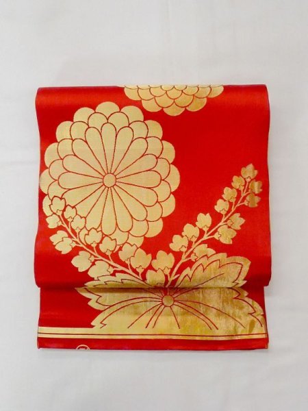 Photo16: N0227F Vintage Japanese Kimono  Shiny Red FUKURO OBI sash Chrysanthemum Silk. (Grade C) (16)