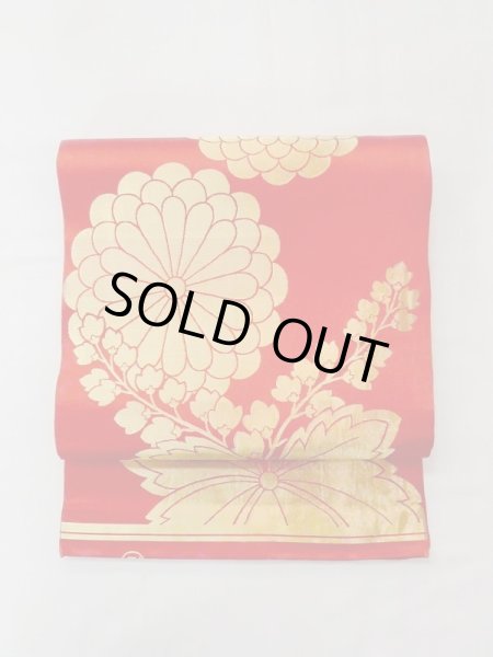 Photo16: N0227F Vintage Japanese Kimono  Shiny Red FUKURO OBI sash Chrysanthemum Silk. (Grade C) (16)