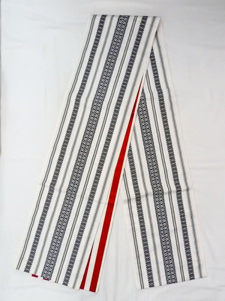 Photo1: Mint N0227H Vintage Japanese Kimono   White FUKURO OBI sash Geometrical pattern Silk. (Grade A) (1)