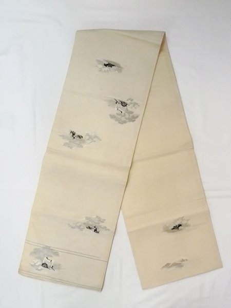 Photo1: N0227I Vintage Japanese Kimono   Ivory FUKURO OBI sash Chrysanthemum Silk. (Grade C) (1)
