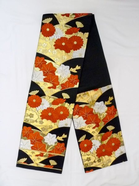 Photo1: Mint N0227K Vintage Japanese Kimono   Black FUKURO OBI sash Chrysanthemum Silk. (Grade A) (1)
