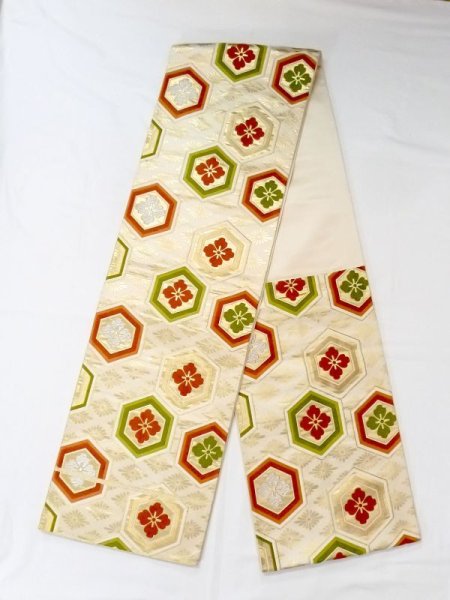 Photo1: N0227L Vintage Japanese Kimono   Ivory FUKURO OBI sash Chrysanthemum Silk. (Grade C) (1)