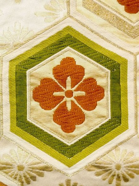 Photo4: N0227L Vintage Japanese Kimono   Ivory FUKURO OBI sash Chrysanthemum Silk. (Grade C) (4)