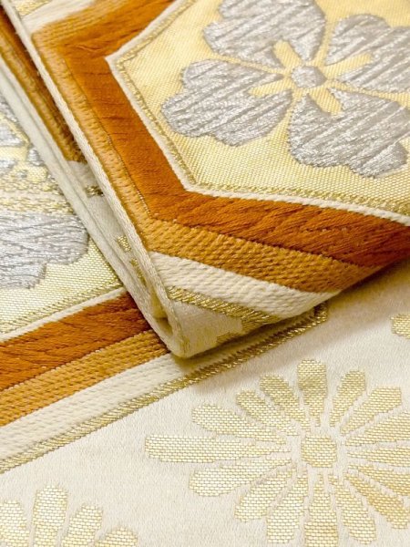 Photo10: N0227L Vintage Japanese Kimono   Ivory FUKURO OBI sash Chrysanthemum Silk. (Grade C) (10)