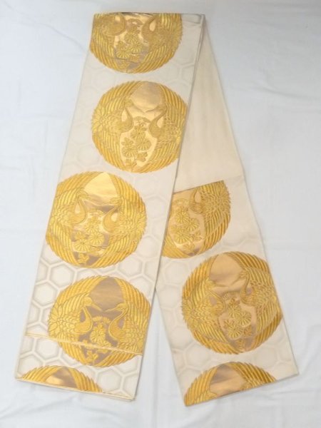 Photo1: N0227M Vintage Japanese Kimono   Off White FUKURO OBI sash Chrysanthemum Synthetic. (Grade C) (1)