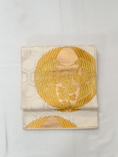 Photo11: N0227M Vintage Japanese Kimono   Off White FUKURO OBI sash Chrysanthemum Synthetic. (Grade C) (11)