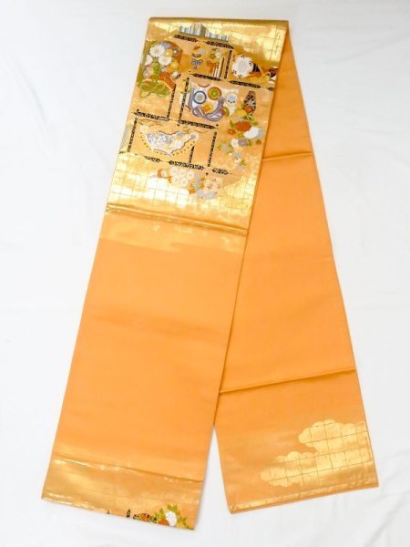 Photo1: N0227N Vintage Japanese Kimono  Vivid Orange FUKURO OBI sash Peony Synthetic. (Grade C) (1)