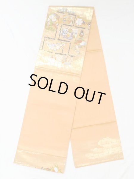 Photo1: N0227N Vintage Japanese Kimono  Vivid Orange FUKURO OBI sash Peony Synthetic. (Grade C) (1)