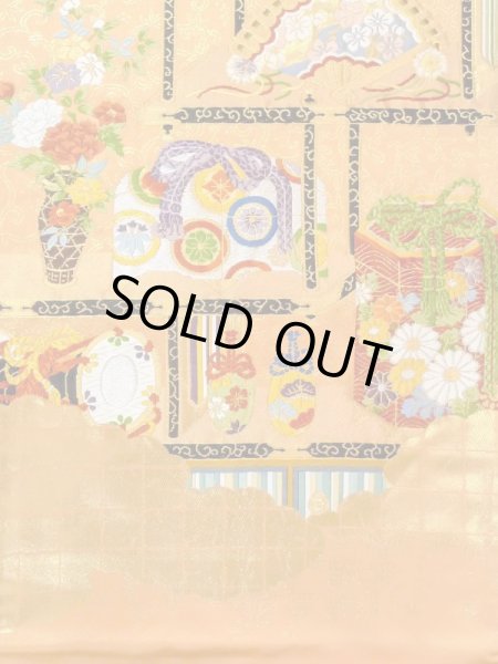 Photo3: N0227N Vintage Japanese Kimono  Vivid Orange FUKURO OBI sash Peony Synthetic. (Grade C) (3)