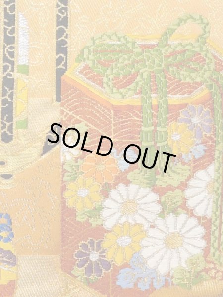 Photo4: N0227N Vintage Japanese Kimono  Vivid Orange FUKURO OBI sash Peony Synthetic. (Grade C) (4)