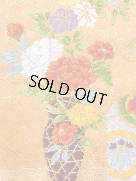 Photo6: N0227N Vintage Japanese Kimono  Vivid Orange FUKURO OBI sash Peony Synthetic. (Grade C) (6)