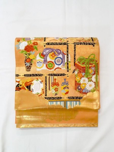 Photo14: N0227N Vintage Japanese Kimono  Vivid Orange FUKURO OBI sash Peony Synthetic. (Grade C) (14)
