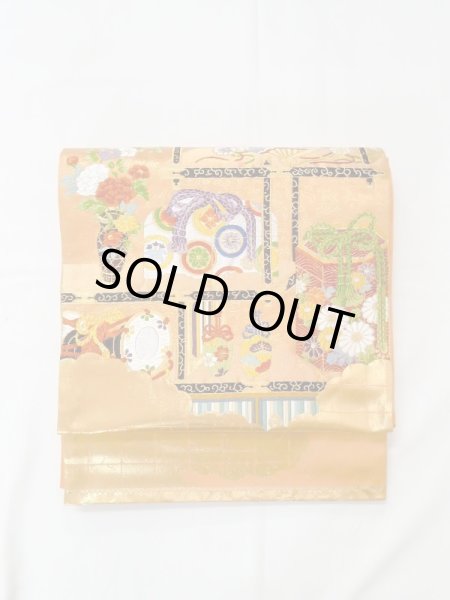 Photo14: N0227N Vintage Japanese Kimono  Vivid Orange FUKURO OBI sash Peony Synthetic. (Grade C) (14)