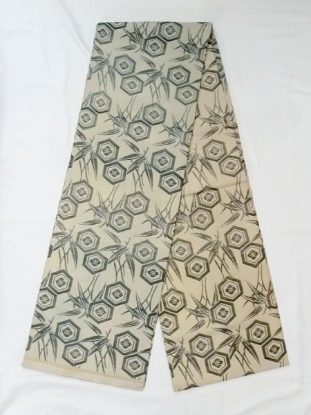 Photo1: N0227O Vintage Japanese Kimono Pale Grayish Olive FUKURO OBI sash Bamboo leaf Silk. (Grade C) (1)
