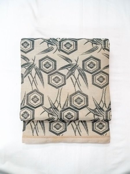 Photo9: N0227O Vintage Japanese Kimono Pale Grayish Olive FUKURO OBI sash Bamboo leaf Silk. (Grade C) (9)