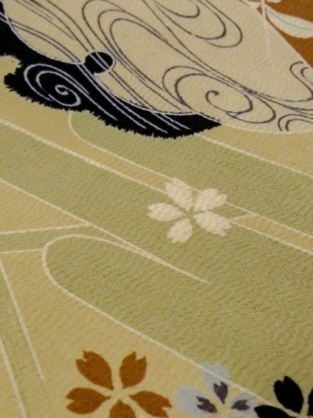 Photo8: N0227Q Vintage Japanese Kimono   Olive NAGOYA OBI sash Japanese wisteria Silk. (Grade C) (8)