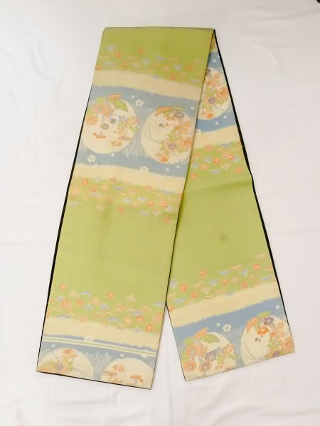Photo1: N0227S Vintage Japanese Kimono   Yellowish Green FUKURO OBI sash Peony Silk. (Grade C) (1)