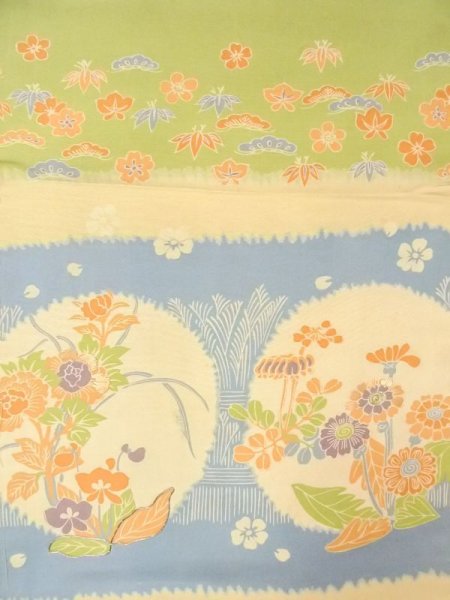 Photo2: N0227S Vintage Japanese Kimono   Yellowish Green FUKURO OBI sash Peony Silk. (Grade C) (2)