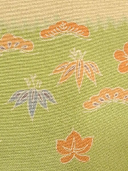 Photo6: N0227S Vintage Japanese Kimono   Yellowish Green FUKURO OBI sash Peony Silk. (Grade C) (6)