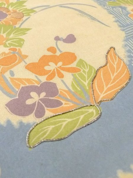 Photo7: N0227S Vintage Japanese Kimono   Yellowish Green FUKURO OBI sash Peony Silk. (Grade C) (7)