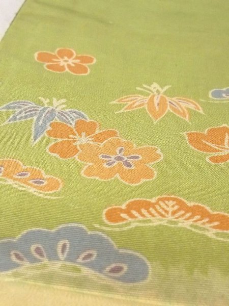 Photo8: N0227S Vintage Japanese Kimono   Yellowish Green FUKURO OBI sash Peony Silk. (Grade C) (8)