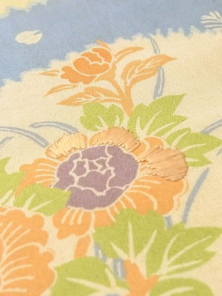 Photo9: N0227S Vintage Japanese Kimono   Yellowish Green FUKURO OBI sash Peony Silk. (Grade C) (9)