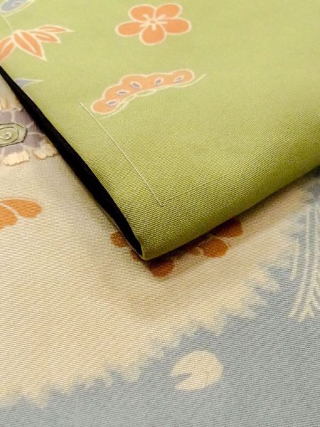 Photo10: N0227S Vintage Japanese Kimono   Yellowish Green FUKURO OBI sash Peony Silk. (Grade C) (10)