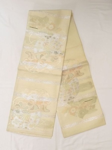 Photo1: N0227T Vintage Japanese Kimono   Ivory FUKURO OBI sash Flower Silk. (Grade C) (1)
