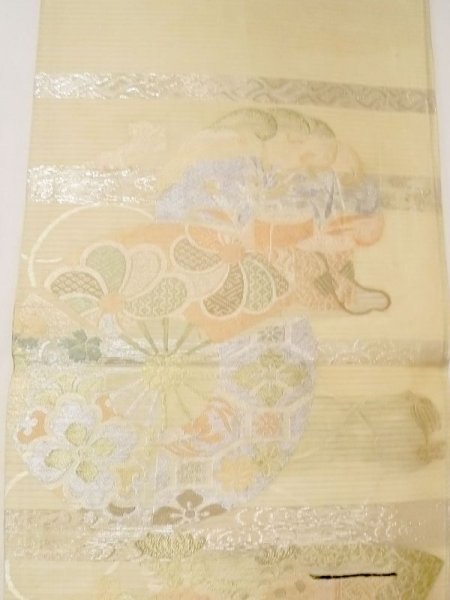Photo2: N0227T Vintage Japanese Kimono   Ivory FUKURO OBI sash Flower Silk. (Grade C) (2)