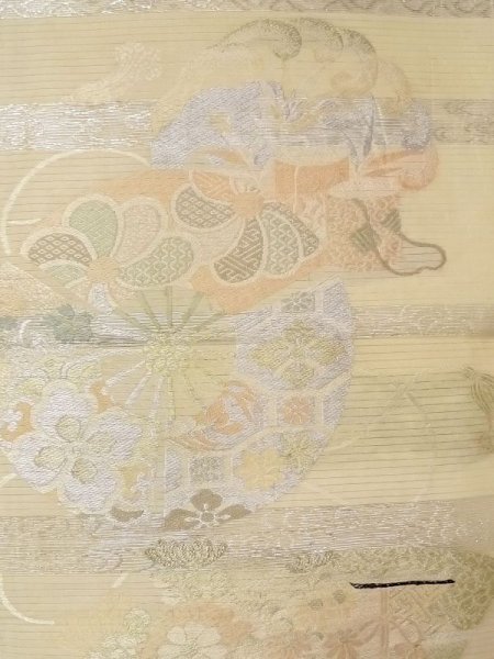 Photo3: N0227T Vintage Japanese Kimono   Ivory FUKURO OBI sash Flower Silk. (Grade C) (3)