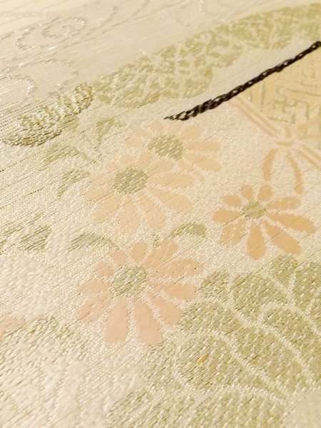 Photo8: N0227T Vintage Japanese Kimono   Ivory FUKURO OBI sash Flower Silk. (Grade C) (8)